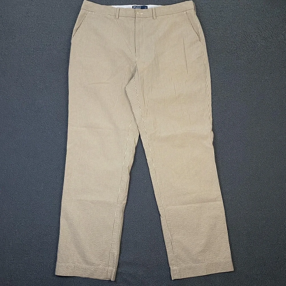 Polo Ralph Lauren Pants Mens 38x32 Beige Striped Seer Sucker Chino Dress Vintage